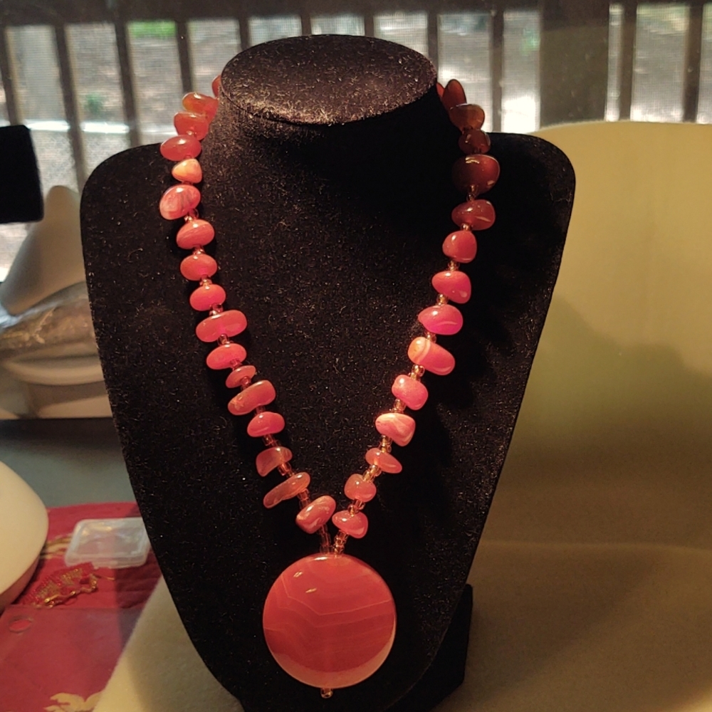 Carnelian natural stone pendant with  glass beads